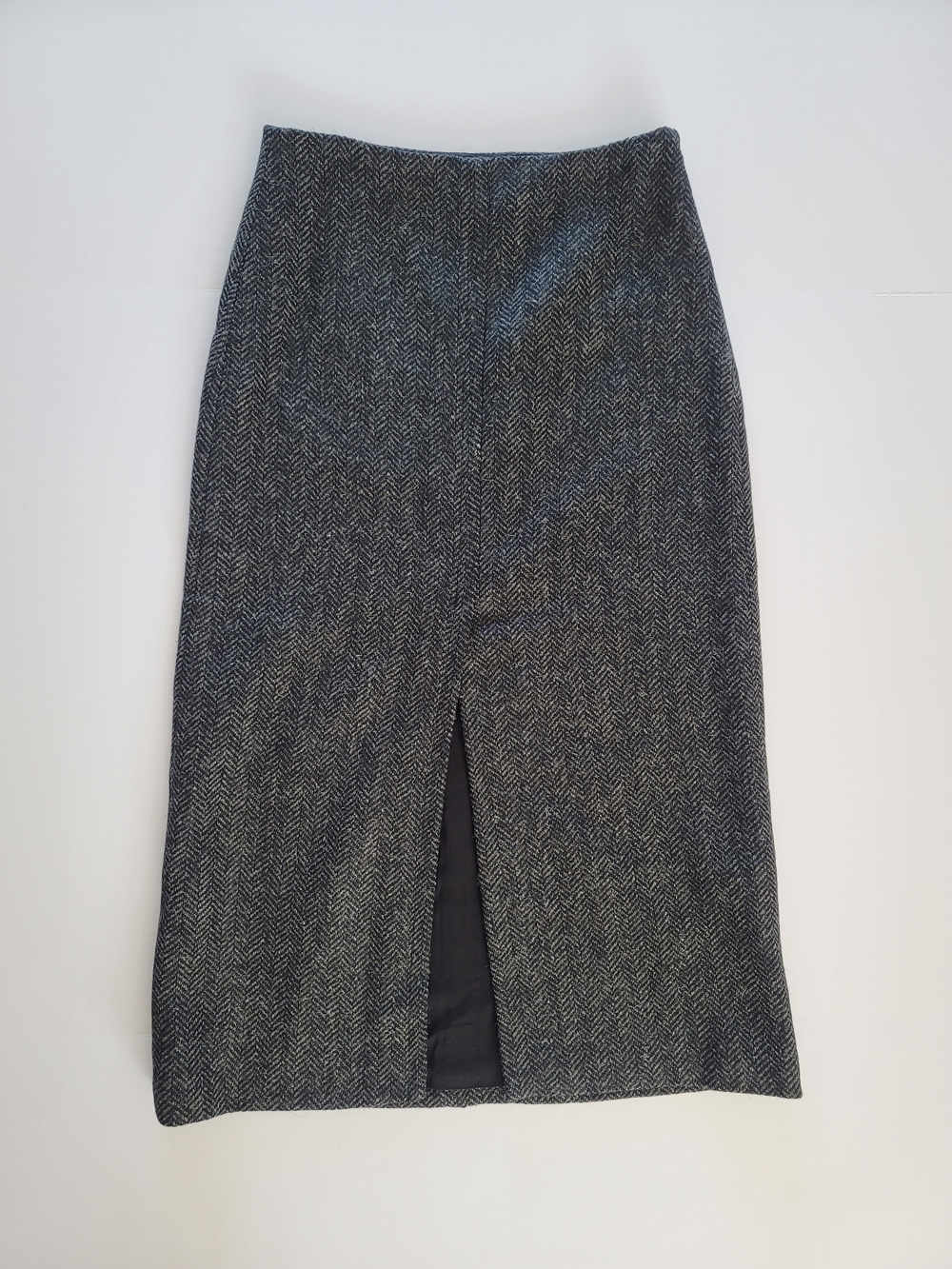 Sézane Eloane 100% Wool Skirt Midi Dark Grey Herringbone Slit Size 36,4 - Picture 5 of 9